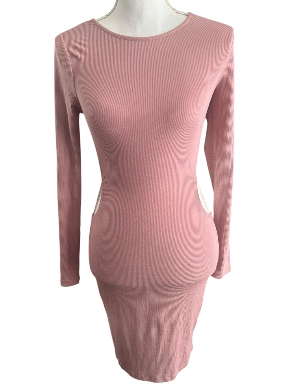 Long Sleeve Ribbed Pink Bodycon Dress